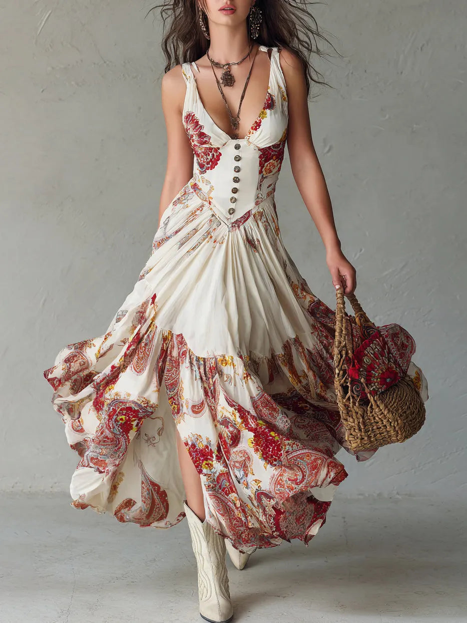 White V-neck sleeveless maxi dress with paisley print