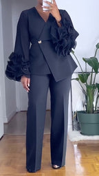 V-Neck Fitted Waist Ruffled Long Sleeve Top & Trousers Set