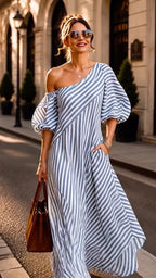 Blue White Stripe Asymmetrical Off Shoulder Midi Dress