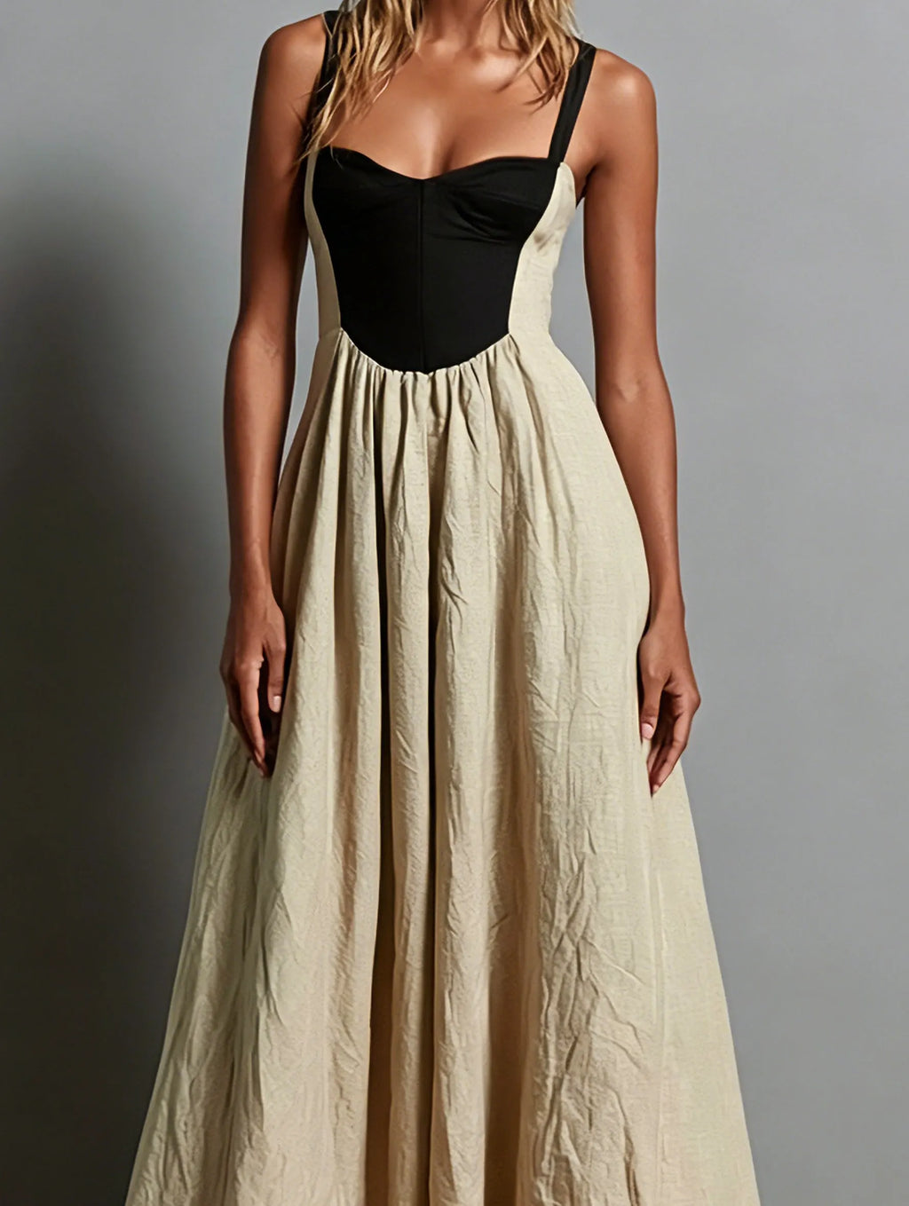 Khaki Sleeveless Maxi Dress with Square Neck and Color-Block Paneling