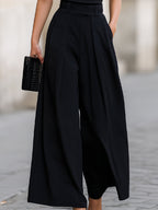 Minimalist Black Turtleneck Top & Wide-Leg Pants Co-ord Set