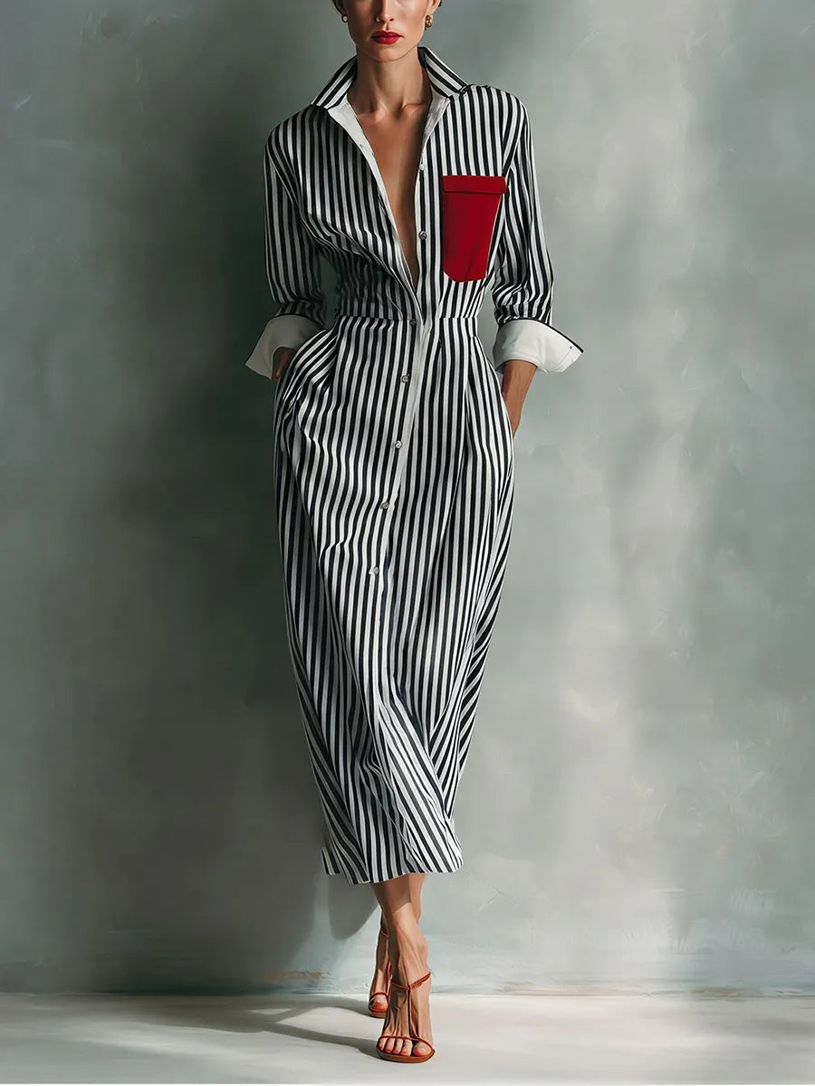 Women's Blue And White Cotton Blend Striped Shirt Dress With Red Chest Pocket MDZ1286C2T