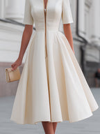Short Sleeve Zip-Front Fit And Flare Midi Dress
