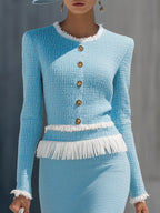 Elegant Vintage Gold Button Tassel Tweed Top And Skirt Set