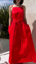Square Neck Strap Midi Linen-Blend Dress