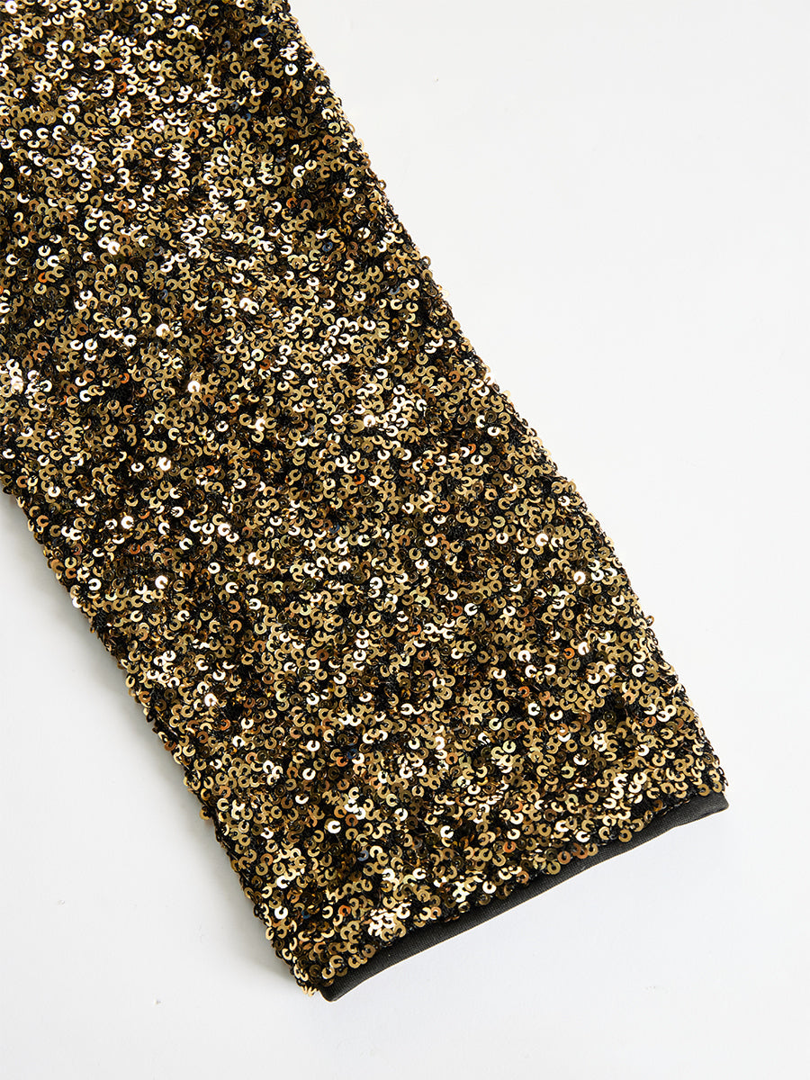 Elegant Black And Gold Sequin High-Neck Slit Maxi Dress