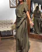 Olive Green Linen Tie Side Two Piece Lounge Set