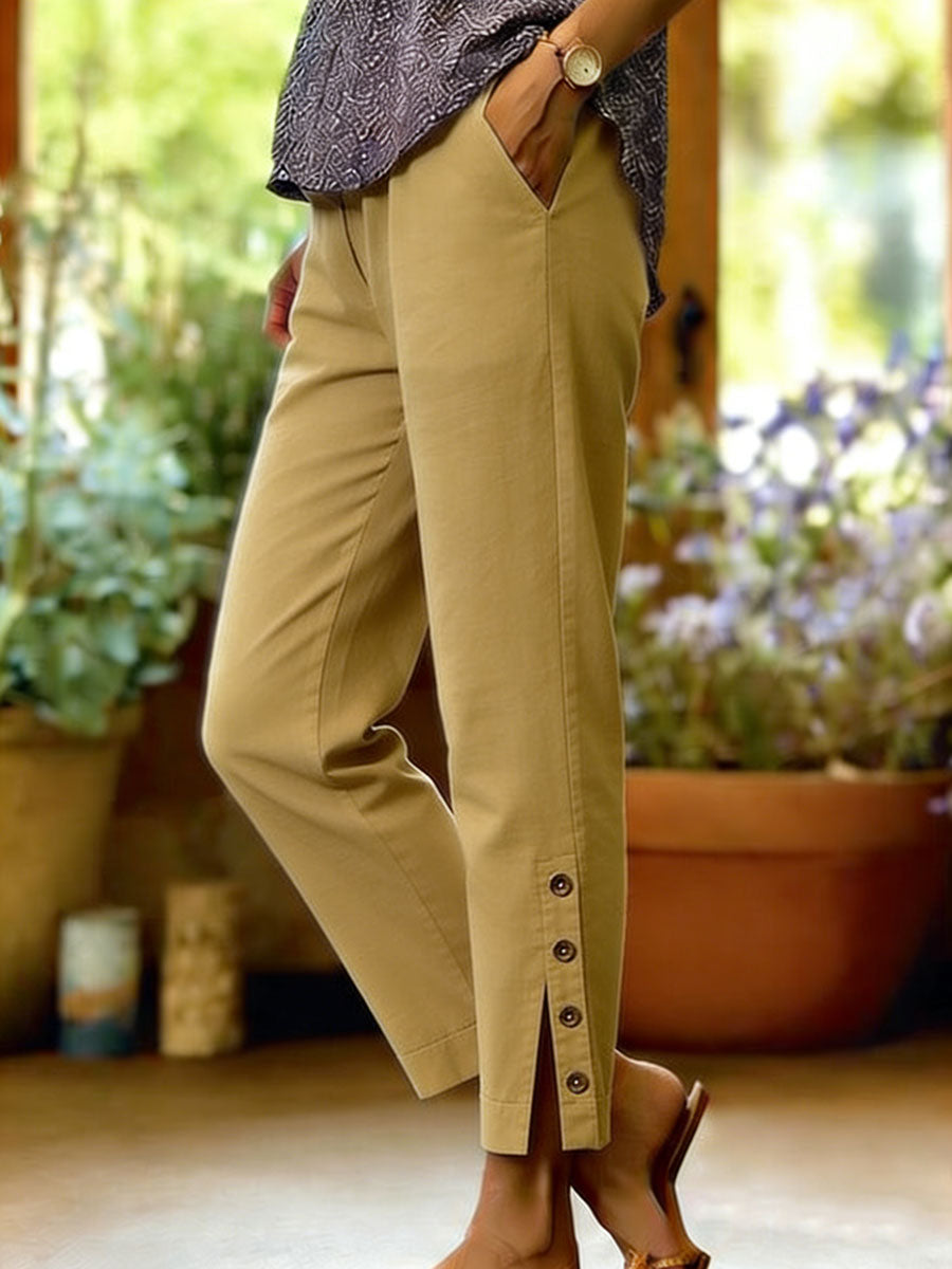 Women's Cotton-linen Button Slit Solid-color Loose-fit Casual Trousers