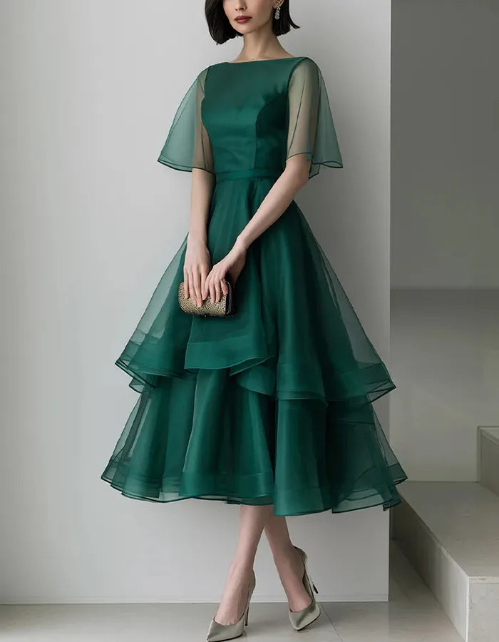 Emerald Green Sheer Cape Sleeve Multi Tier Ruffle Organza Midi Dress