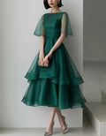 Emerald Green Sheer Cape Sleeve Multi Tier Ruffle Organza Midi Dress