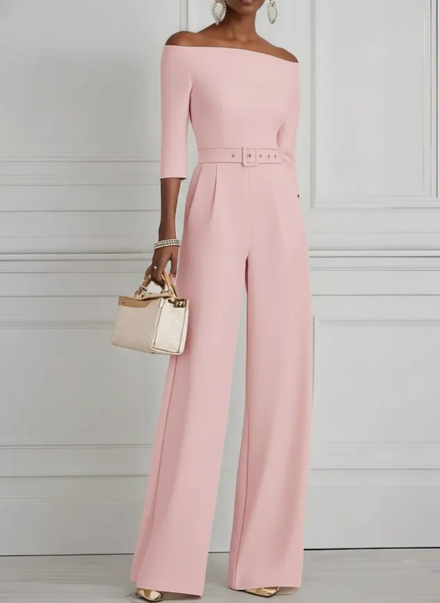 Women Purple Off The Shoulder Half Sleeve Dressy Jumpsuit With Pockets