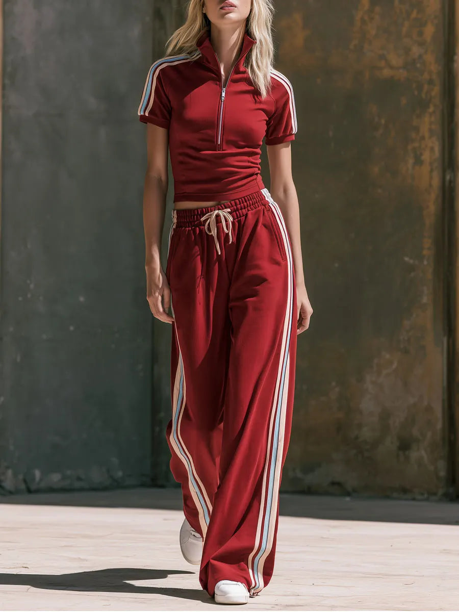 Retro Sporty Color-blocked Red Short-sleeved Top And Trousers Set