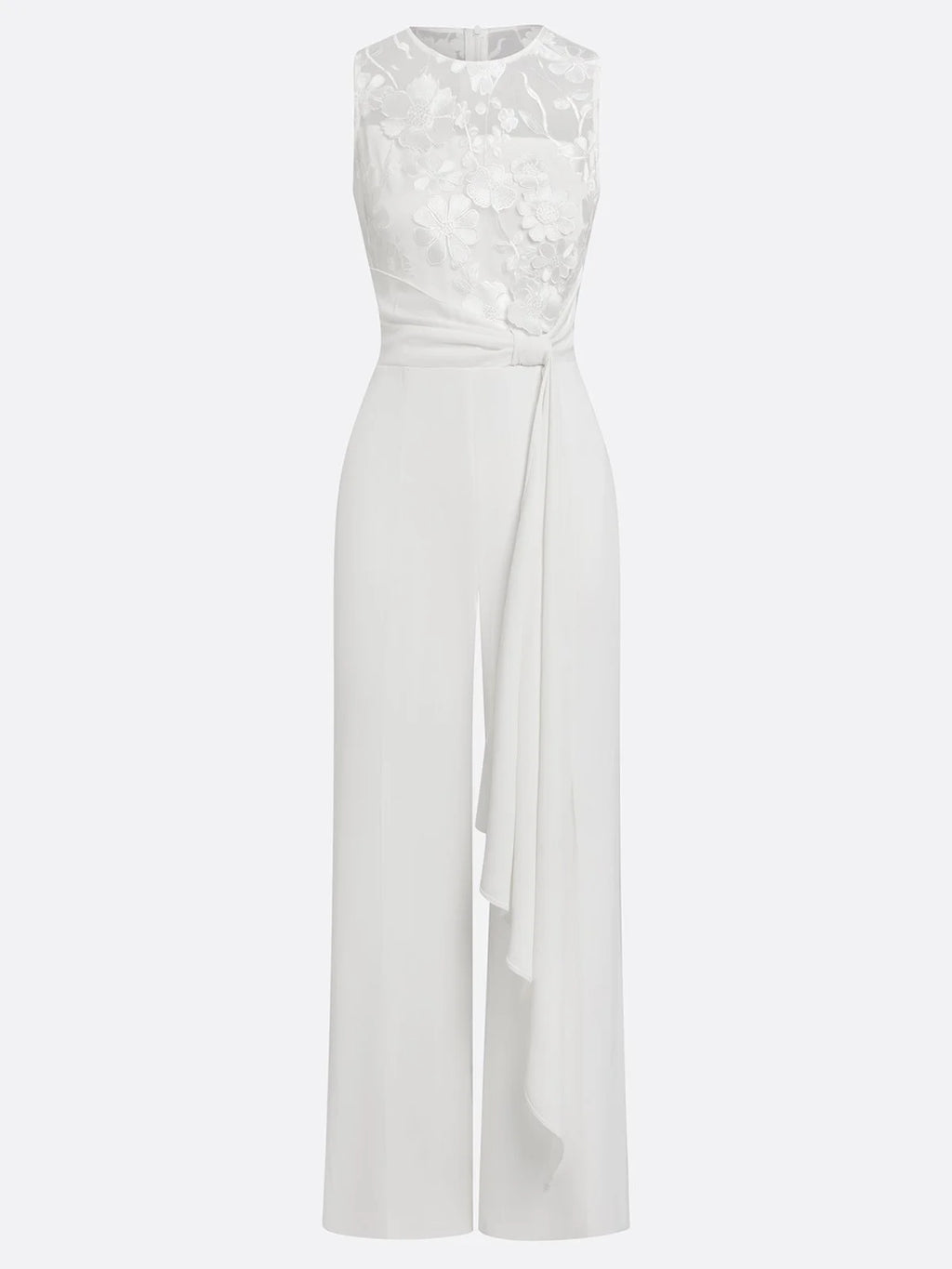 Women White 3D Floral Crew Neck Sleeveless Elegant Jumpsuit