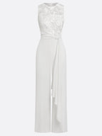 Women White 3D Floral Crew Neck Sleeveless Elegant Jumpsuit