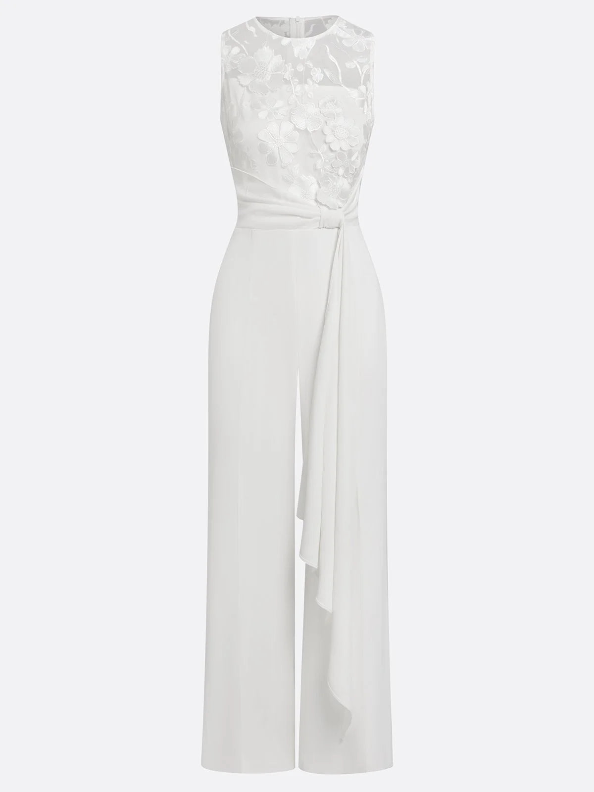 Women White 3D Floral Crew Neck Sleeveless Elegant Jumpsuit
