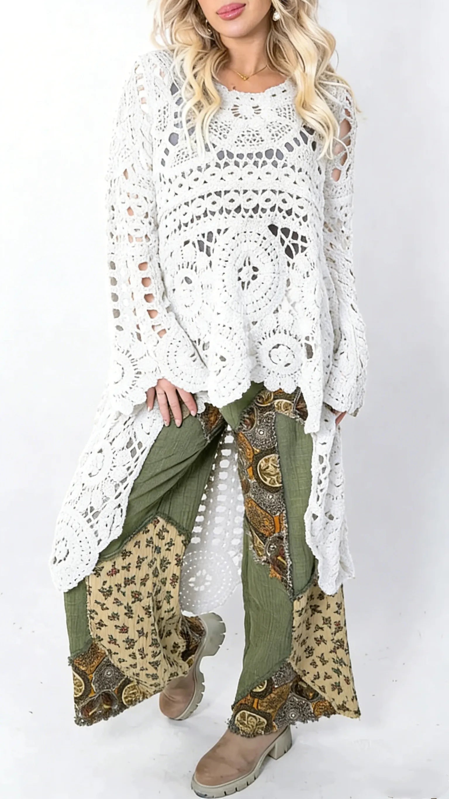 Women Round Neck Printed Hollow Out Casual Long Top