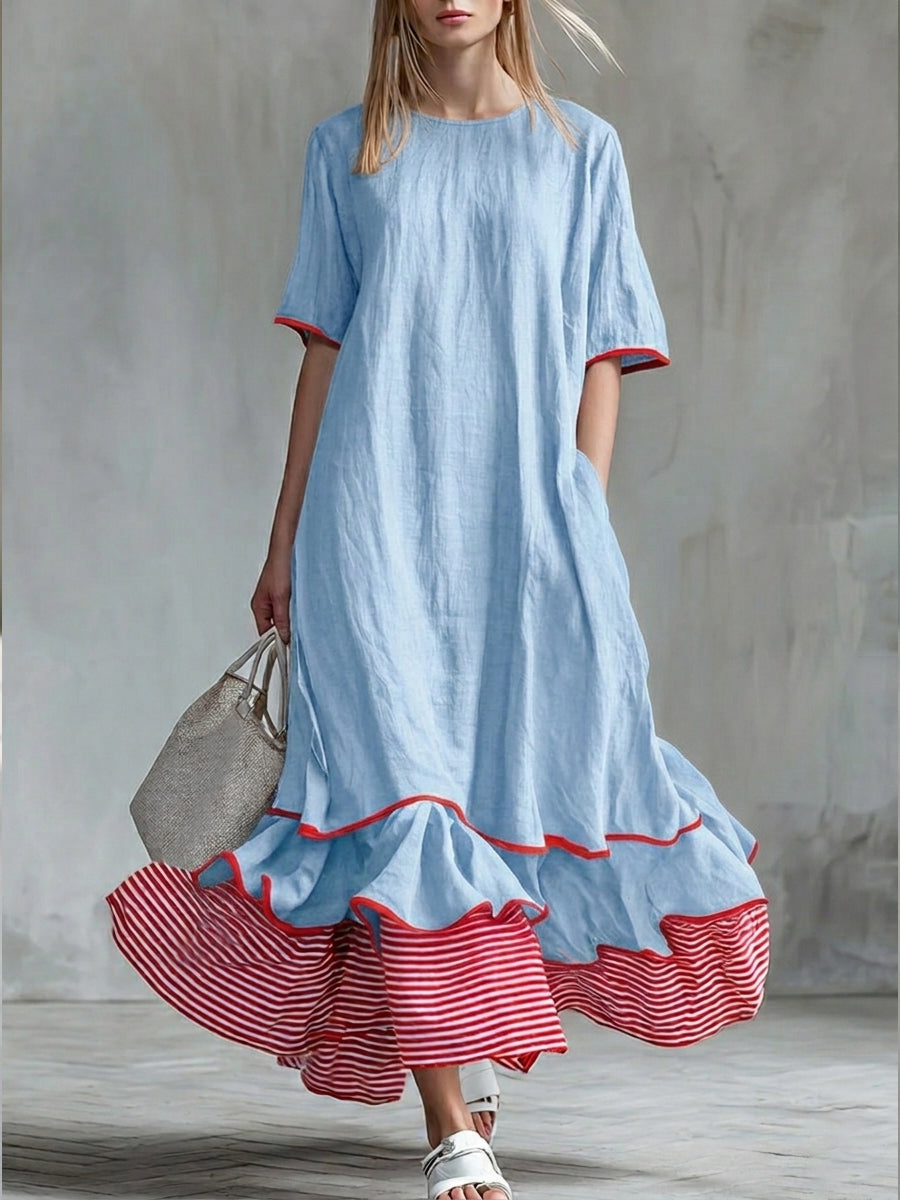 Women’s Patchwork Striped Midi Dress – Casual Red Summer Dress