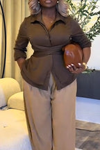 Women Collar Shirt or Solid Color Wide Leg Pants