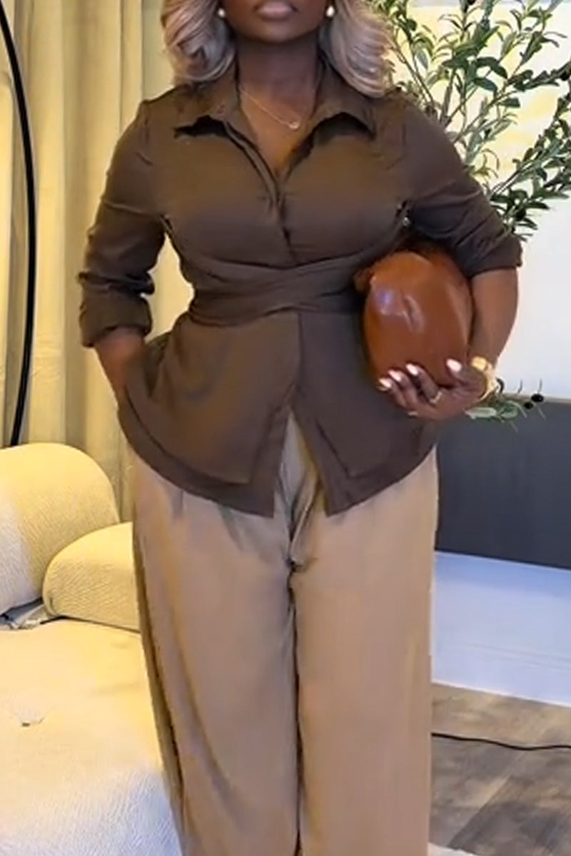 Women Collar Shirt or Solid Color Wide Leg Pants