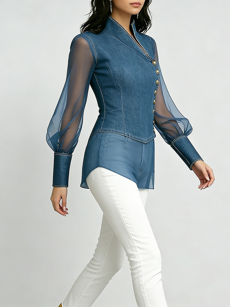 Elegant Stylish Organza-paneled Denim Shirt