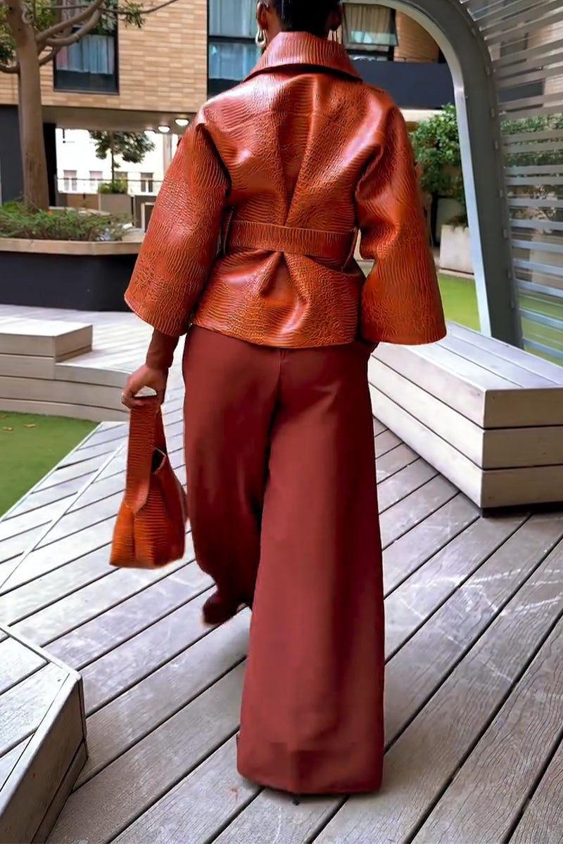 Women Collar Leather Jacket or Wide Leg Pants Casual Suit with Temperament