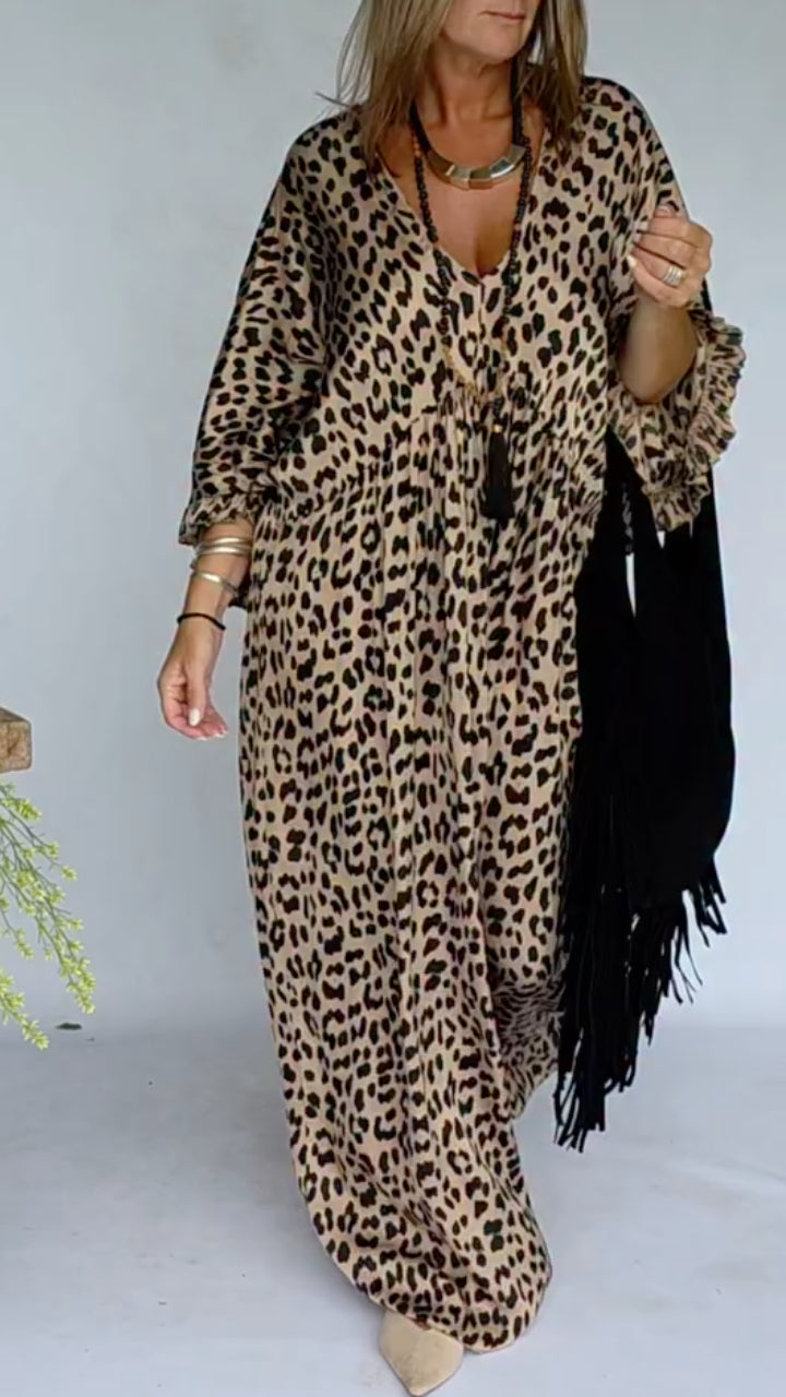 Leopard Print Batwing Sleeve Oversized Maxi Dress With Tassel