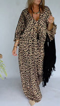 Leopard Print Batwing Sleeve Oversized Maxi Dress With Tassel