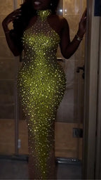 Gold Sparkle Rhinestone Sheer Halter Bodycon Maxi Dress