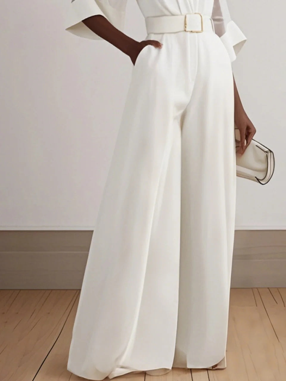 White Mesh V Neck Half Sleeve Plain Wide-Leg Jumpsuit With Belt With Pockets