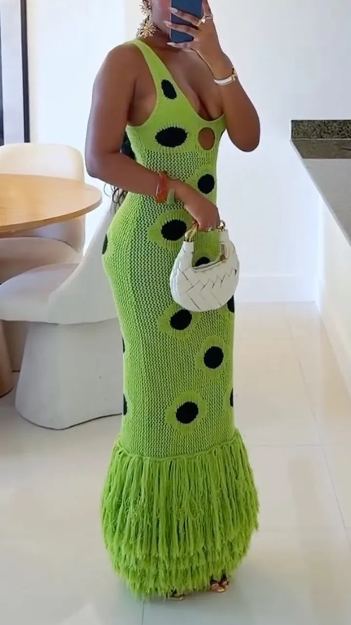 Neon Green Hollow Out Knit Fringe Mermaid Maxi Dress