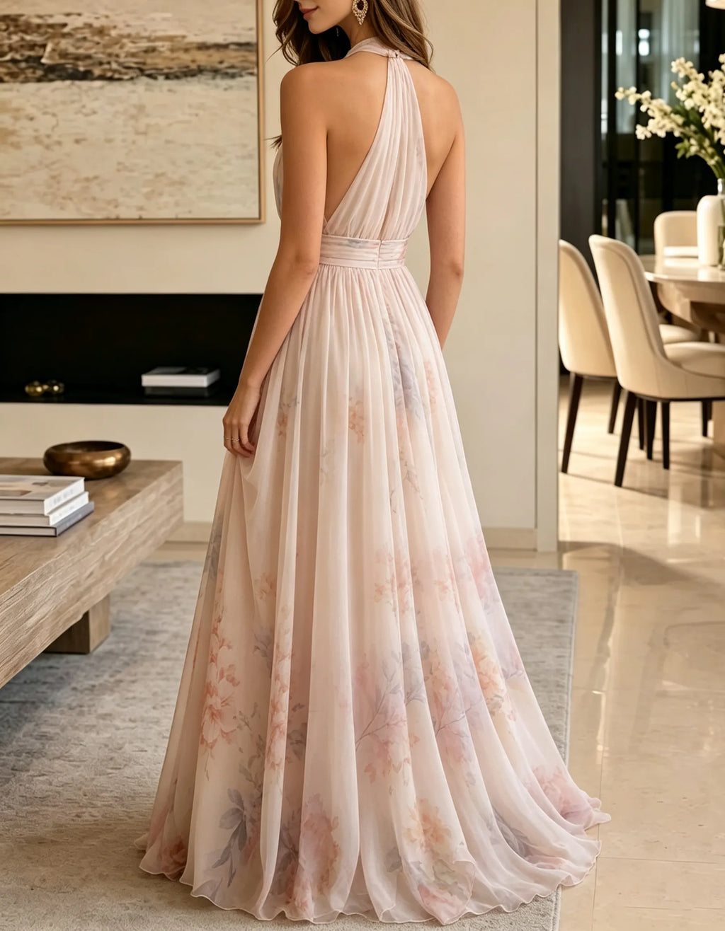 Blush Watercolor Floral Print Halter Chiffon A-Line Maxi Formal Dress