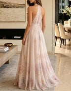 Blush Watercolor Floral Print Halter Chiffon A-Line Maxi Formal Dress