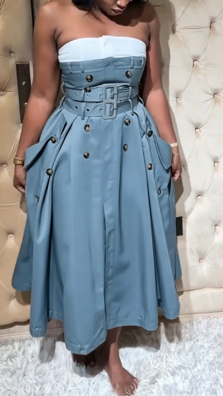 Women Strapless Sleeveless Patchwork Double Breasted Elegant Temperament Dress