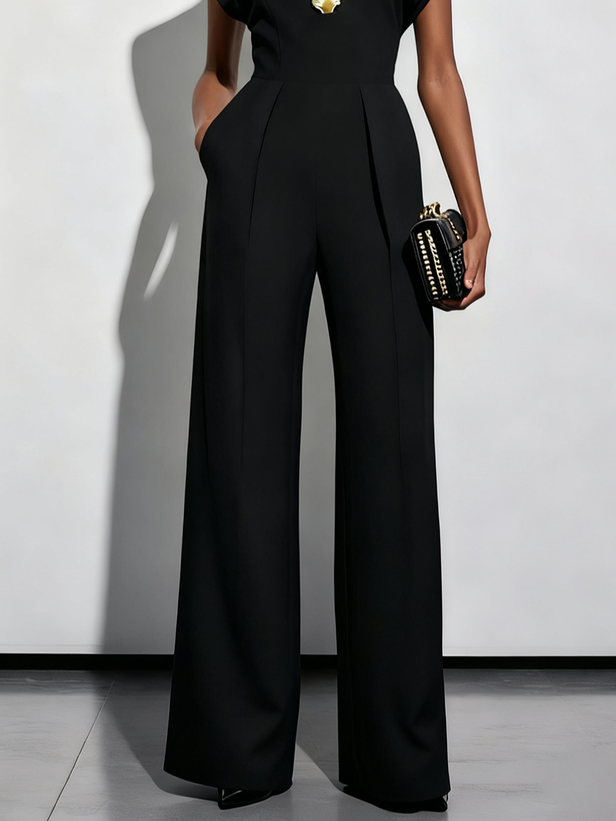 Women Black Buckle Hollow Out Crew Neck Cap Sleeve Dressy Jumpsuit