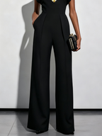 Women Black Buckle Hollow Out Crew Neck Cap Sleeve Dressy Jumpsuit