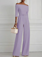Women Purple Off The Shoulder Half Sleeve Dressy Jumpsuit With Pockets