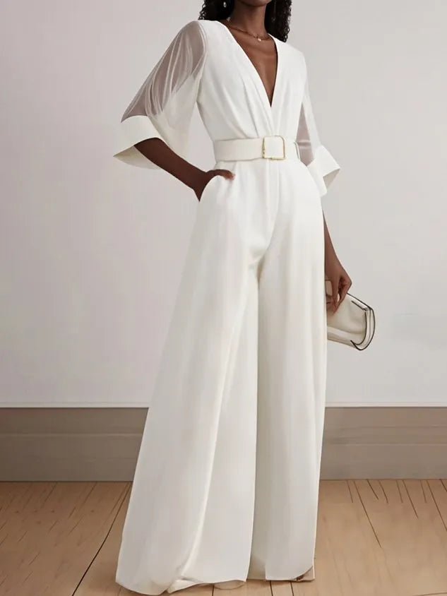 White Mesh V Neck Half Sleeve Plain Wide-Leg Jumpsuit With Belt With Pockets