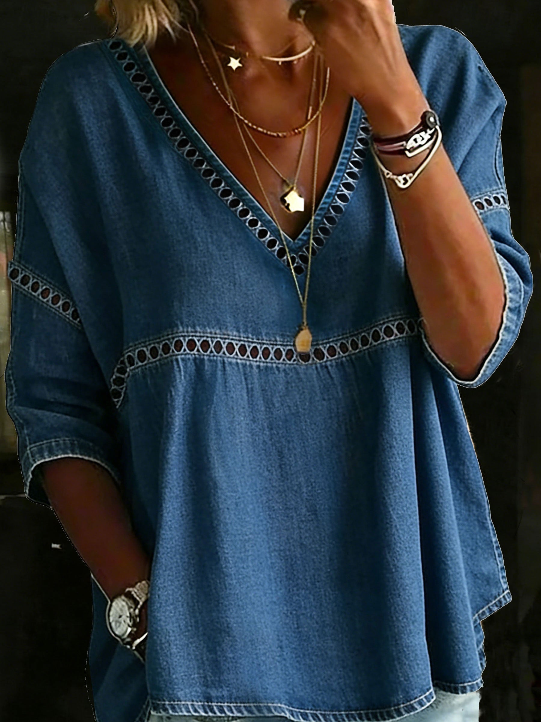 Women's Vintage V-neck Casual Loose Denim Blouse Shirt