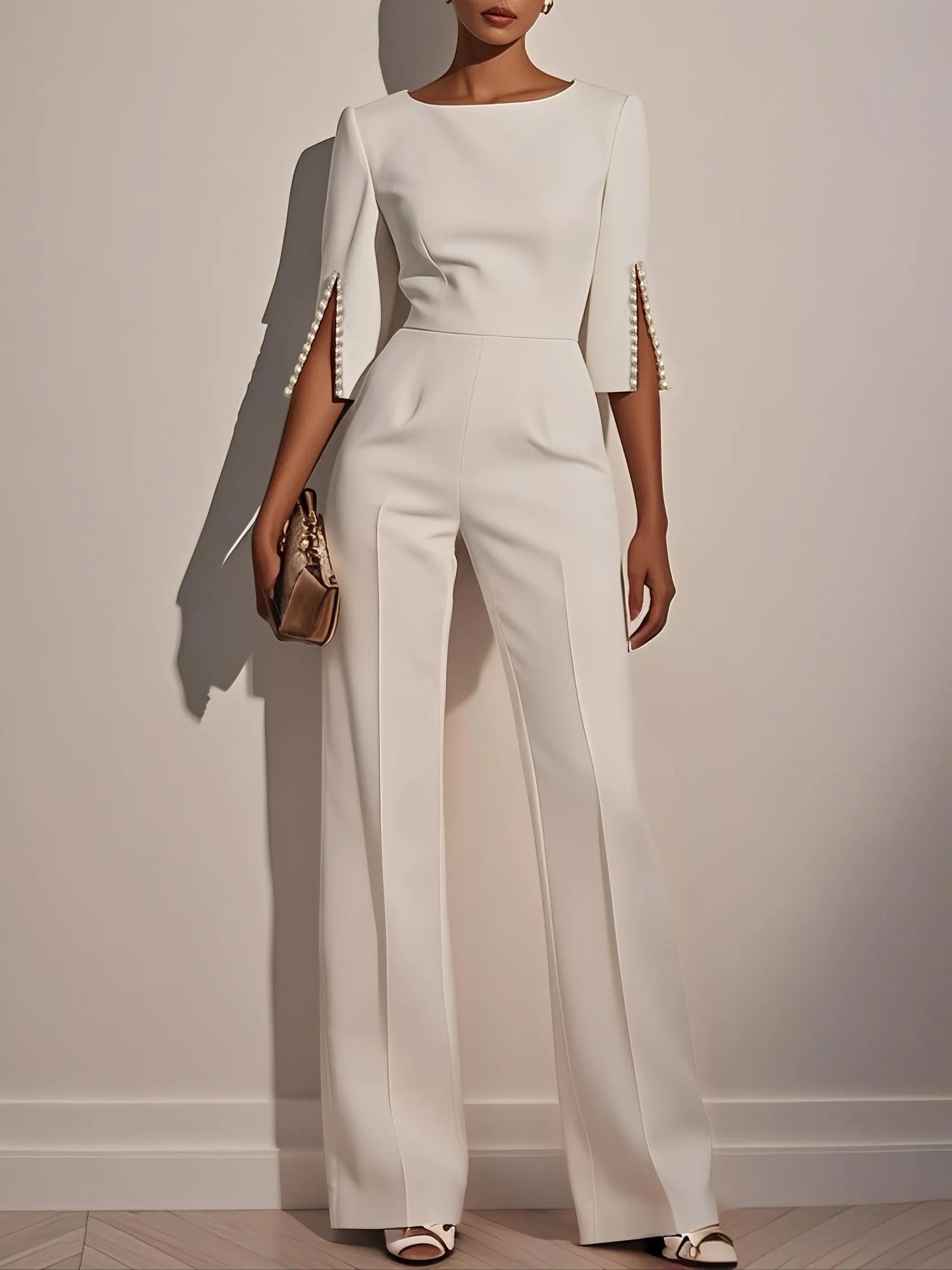 Women White Faux Pearl Slit Boat Neck Half Sleeve Dressy Jumpsuit