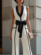Contrast Trim Belted Wide-Leg Jumpsuit