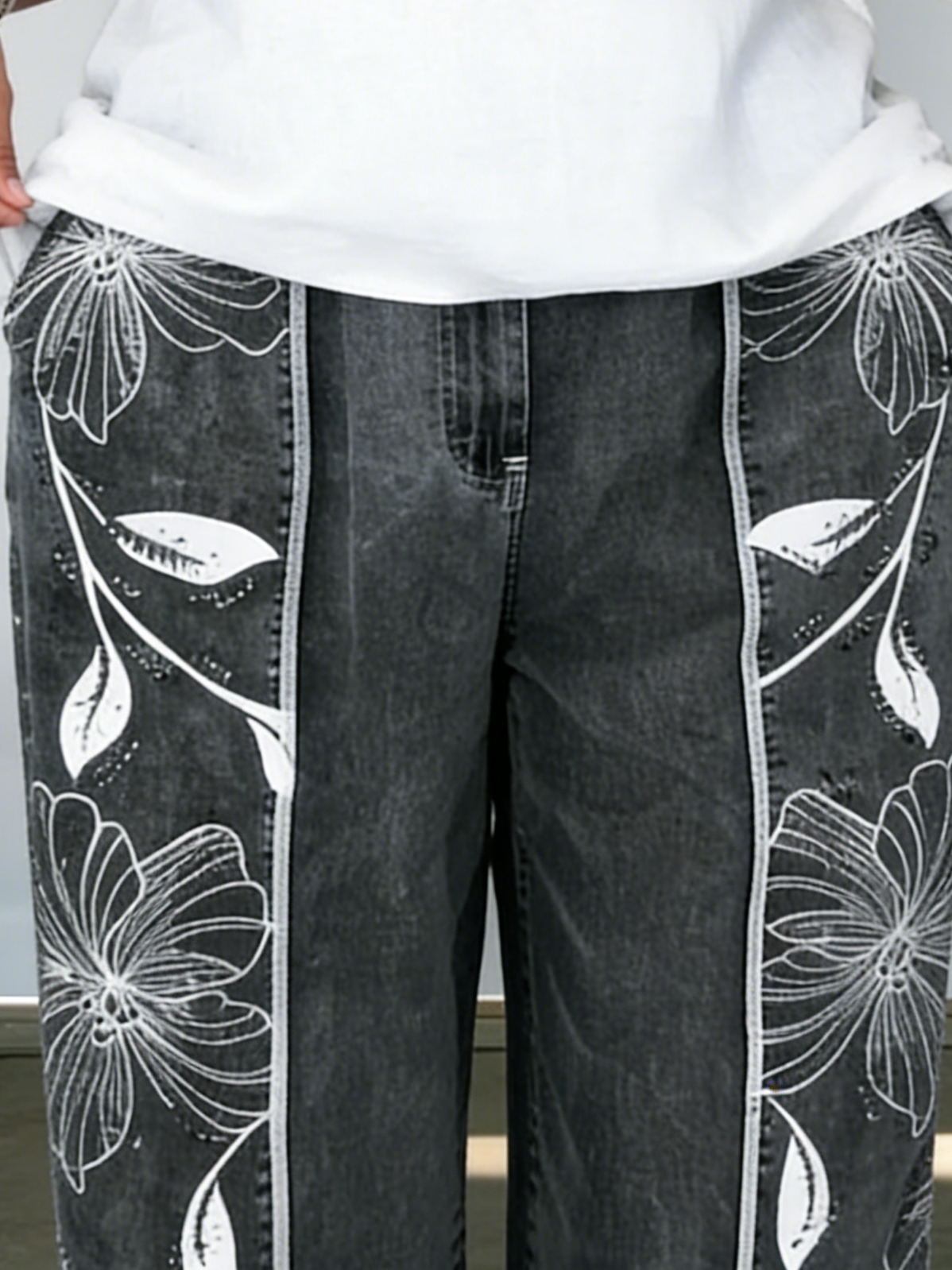 Cozy Artistic Floral Print Jeans