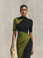 Women's Black & Olive Green Color-Block Jersey Maxi Dress With High Neck & Waist Ruched Detail, Elegant Bodycon Evening Dress MDZ0948F9LYL