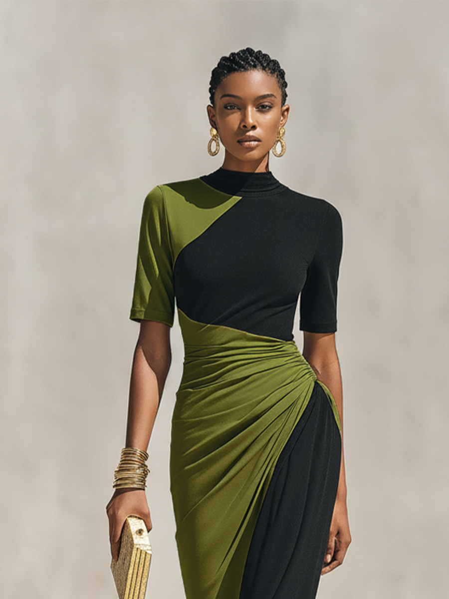 Women's Black & Olive Green Color-Block Jersey Maxi Dress With High Neck & Waist Ruched Detail, Elegant Bodycon Evening Dress MDZ0948F9LYL