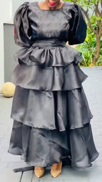 Black Multi-Layer Ruffled Satin Maxi  Set