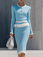 Elegant Vintage Gold Button Tassel Tweed Top And Skirt Set