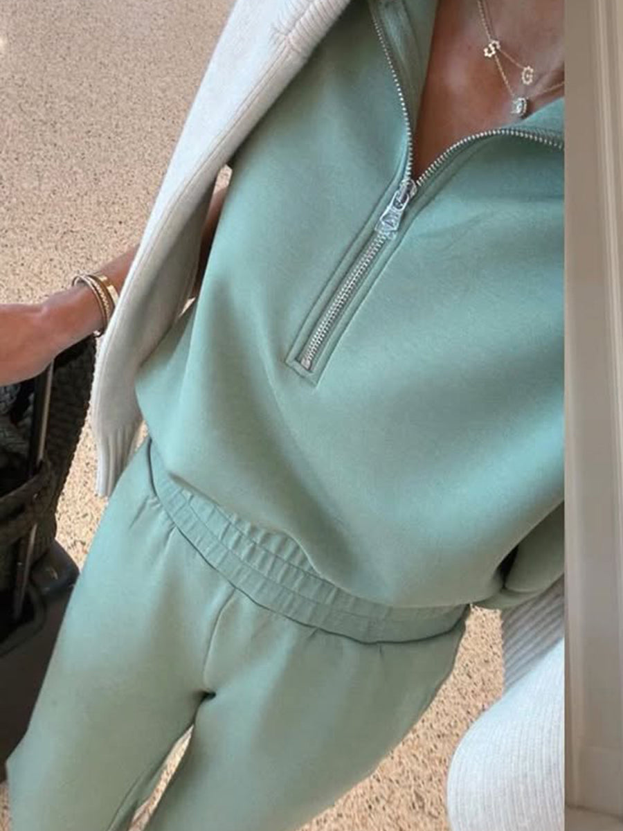 Cozy Travel Stand-collar Zip Sweatshirt & Pants Two-piece Set