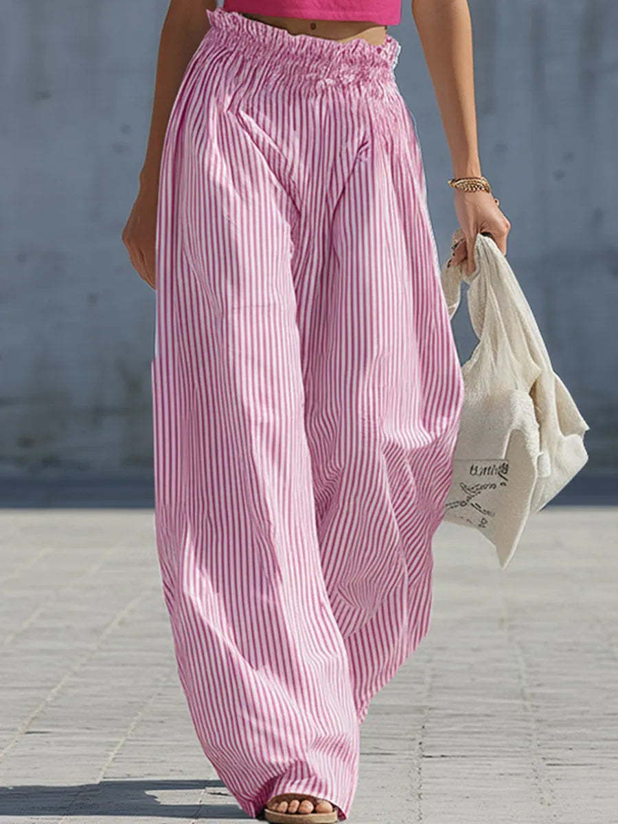 Stylish Casual White Cotton Tank Top And Blue Striped Pants Set