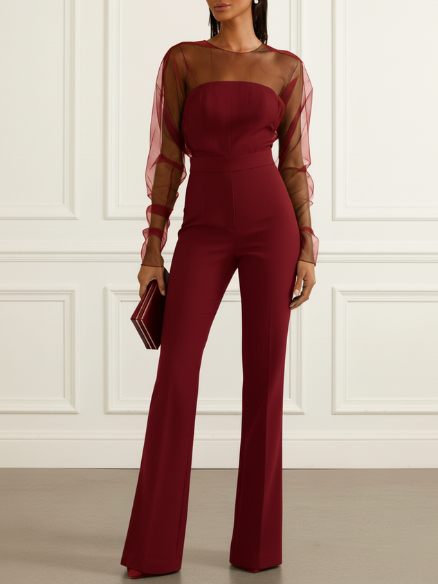 Women Black Mesh Crew Neck Long Sleeve Dressy Jumpsuit
