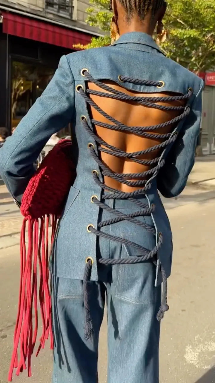 Denim Blazer & Flared Trouser Suit Set