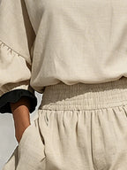 Women’s Beige Linen-Blend Contrast Ruffle Trim Long Sleeve Blouse & High-Waisted Ruffle Hem Shorts Two-Piece Set MDZ1018D0T